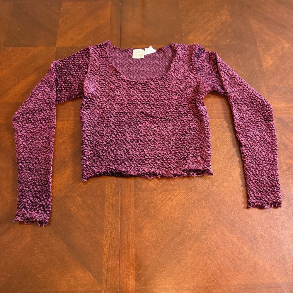 Vtg Moda‎ International Crinkle Stretch Top M burgundy Textured Long Sleeve Y2K